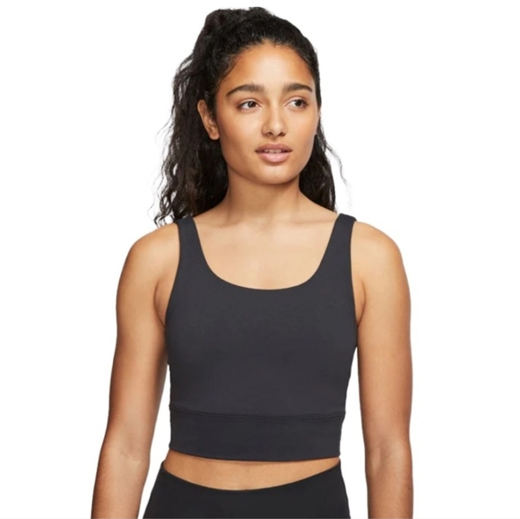 Nike Yoga Long Line Dri Fit Black Sports Bra Size Small Vertical Logo At Back - Picture 1 of 8